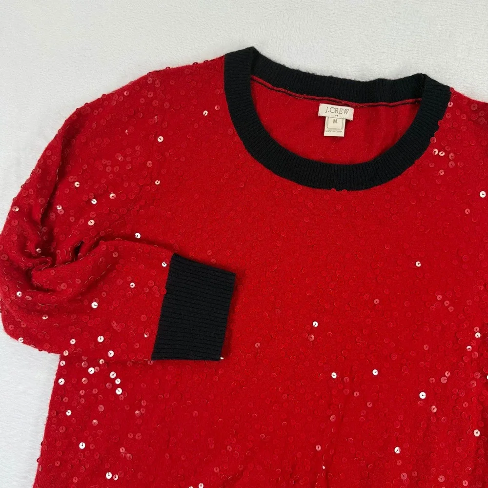J. Crew Red Sequin Crewneck Sweater Long‎ Sleeve Women's Size Medium